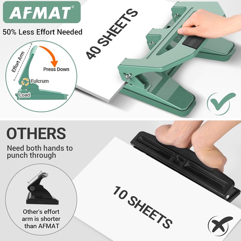 AFMAT Heavy Duty 3 Hole Puncher, 40-Sheet Three Hole Punch Heavy Duty, 50% Reduced Effort Paper Punch, 10K+ Uses, Metal Hole Puncher 3 Ring w/Large Tray, Bulit-in S.S. Paper Guide HPX2(Green) - Image 2